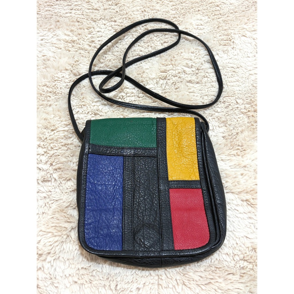Vintage 90s Colorblock Leather Crossbody Purse Primary Colors Mondrian Geometric